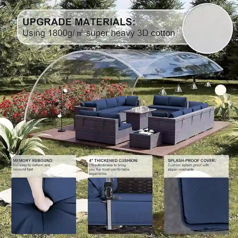 Ensemble de mobilier de jardin 15 pièces avec table foyer - Canapé d'angle en rotin - Chauffage au propane 55 000 BTU - Conception modulaire