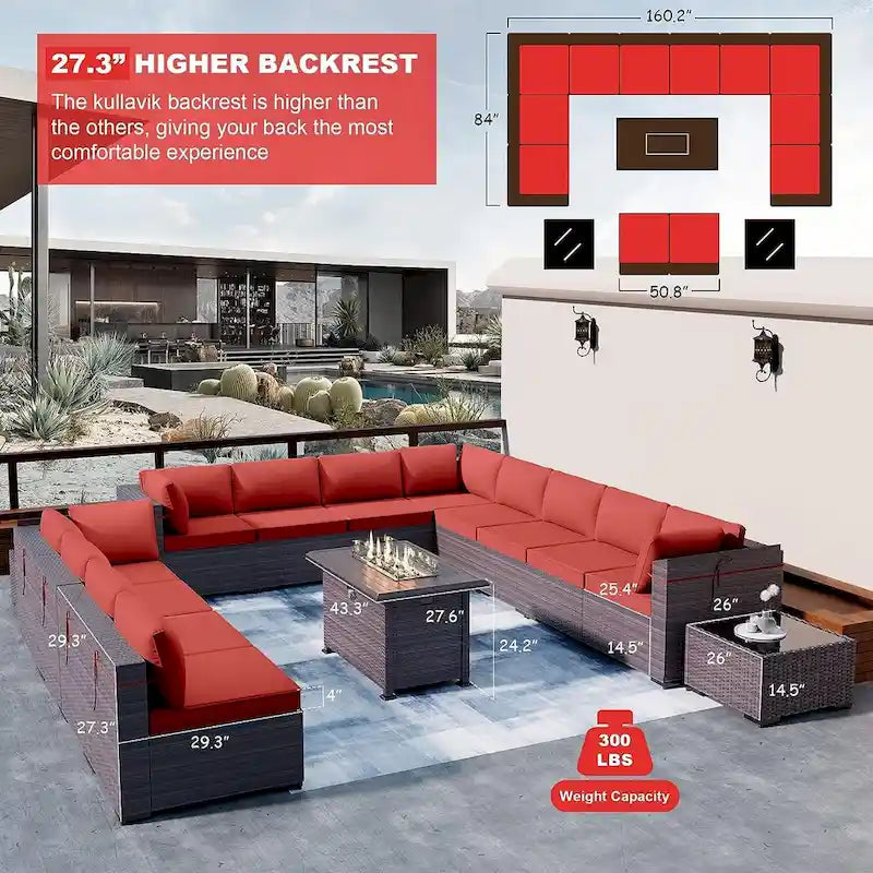 Ensemble de mobilier de jardin 15 pièces avec table foyer - Canapé d'angle en rotin - Chauffage au propane 55 000 BTU - Conception modulaire