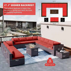 Ensemble de mobilier de jardin 15 pièces avec table foyer - Canapé d'angle en rotin - Chauffage au propane 55 000 BTU - Conception modulaire