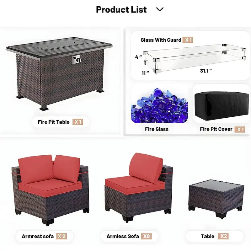 Ensemble de mobilier de jardin 15 pièces avec table foyer - Canapé d'angle en rotin - Chauffage au propane 55 000 BTU - Conception modulaire