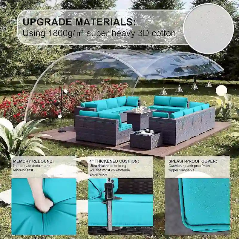 Ensemble de mobilier de jardin 15 pièces avec table foyer - Canapé d'angle en rotin - Chauffage au propane 55 000 BTU - Conception modulaire