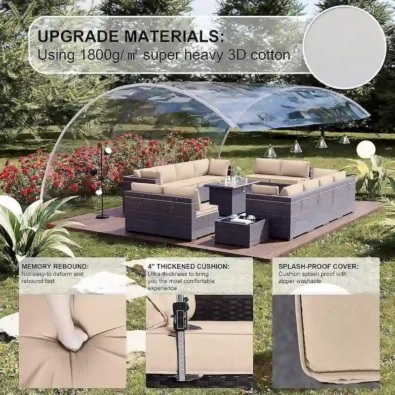 Ensemble de mobilier de jardin 15 pièces avec table foyer - Canapé d'angle en rotin - Chauffage au propane 55 000 BTU - Conception modulaire