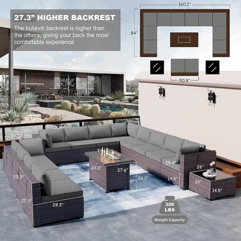 Ensemble de mobilier de jardin 15 pièces avec table foyer - Canapé d'angle en rotin - Chauffage au propane 55 000 BTU - Conception modulaire