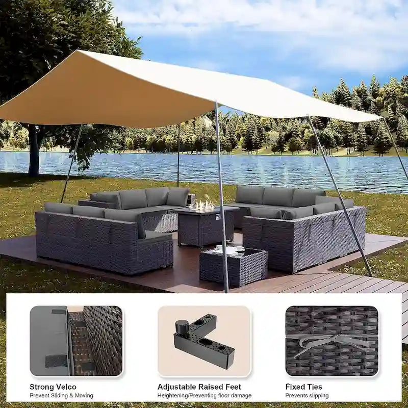 Ensemble de mobilier de jardin 15 pièces avec table foyer - Canapé d'angle en rotin - Chauffage au propane 55 000 BTU - Conception modulaire
