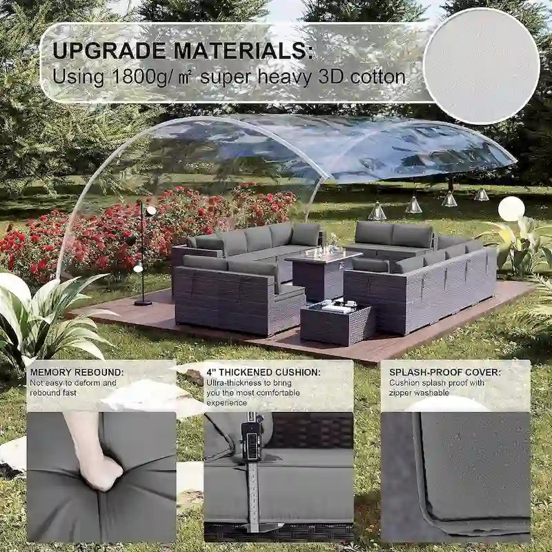 Ensemble de mobilier de jardin 15 pièces avec table foyer - Canapé d'angle en rotin - Chauffage au propane 55 000 BTU - Conception modulaire