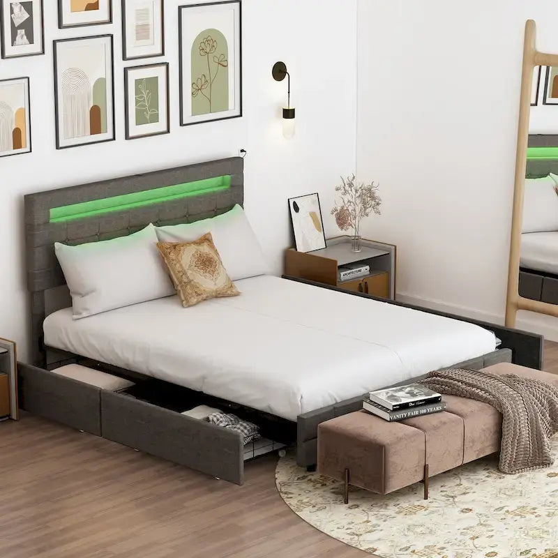 Queen Bed Frame with Drawers LED Bed Frame with USB Charging Station