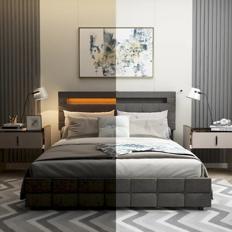 Cadre de lit Queen avec tiroirs - Éclairage LED - Station de recharge USB - Tissu en lin - Tête de lit avec rangement