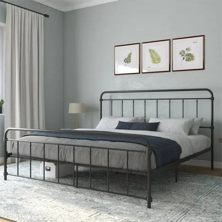 Cadre de lit plateforme vintage en métal noir - Tête et pied de lit - Acier brossé - Taille King - 200,7 cm (L) x 212,1 cm (P) x 117 cm (H)