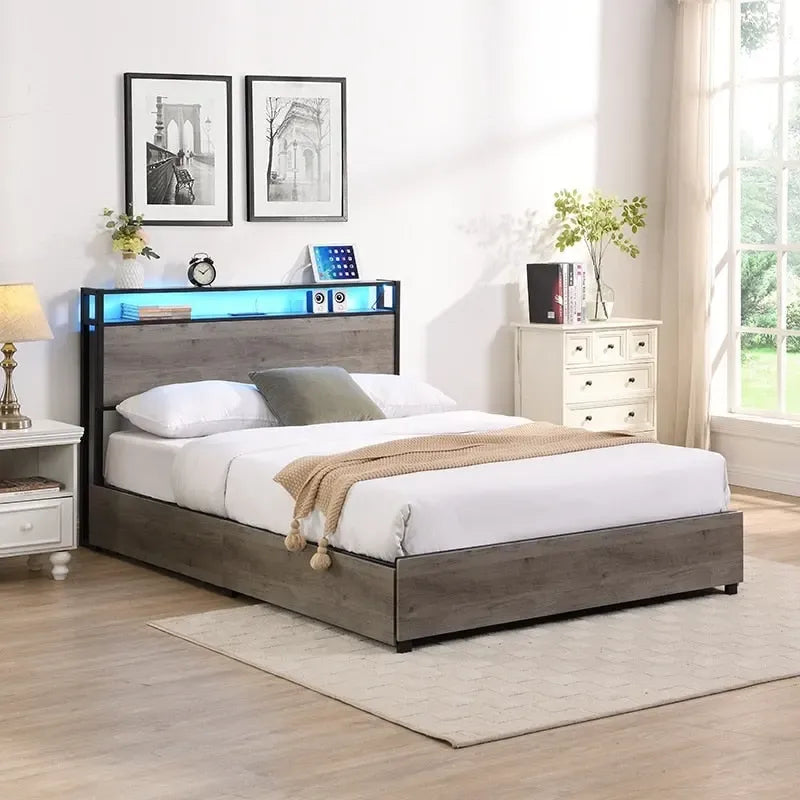 Lit plateforme Queen Size - Tête de lit avec rangement - 4 tiroirs - Bois de pin massif et MDF - Sommier non requis