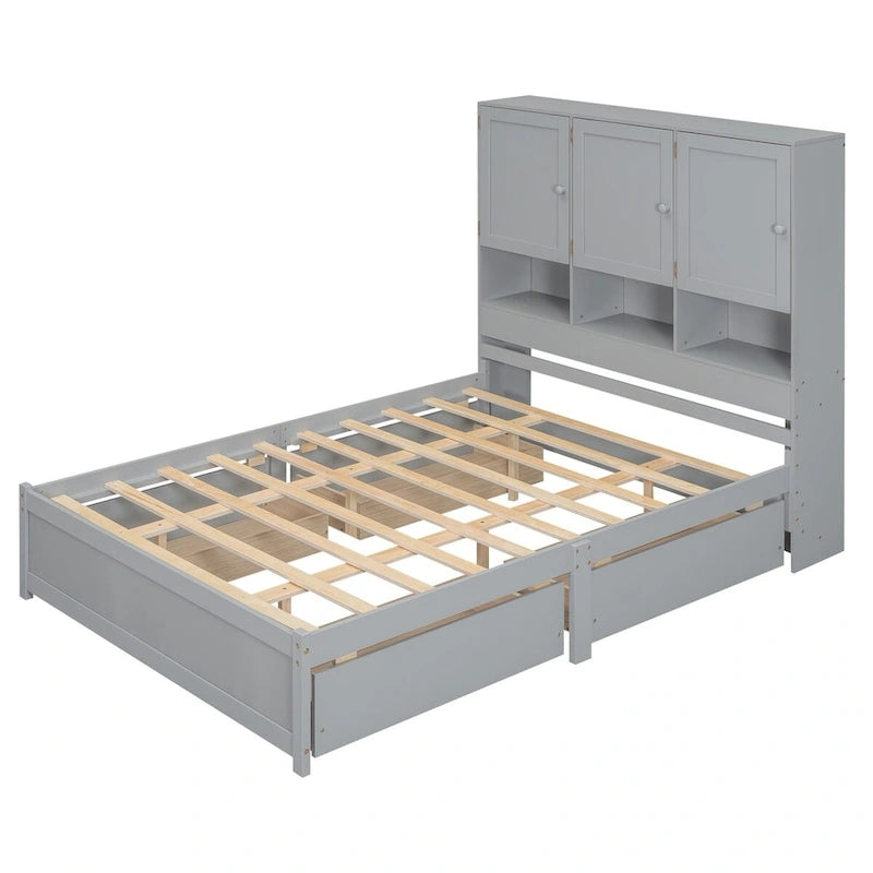 Lit plateforme Queen Size - Tête de lit avec rangement - 4 tiroirs - Bois massif et MDF - Sommier non requis