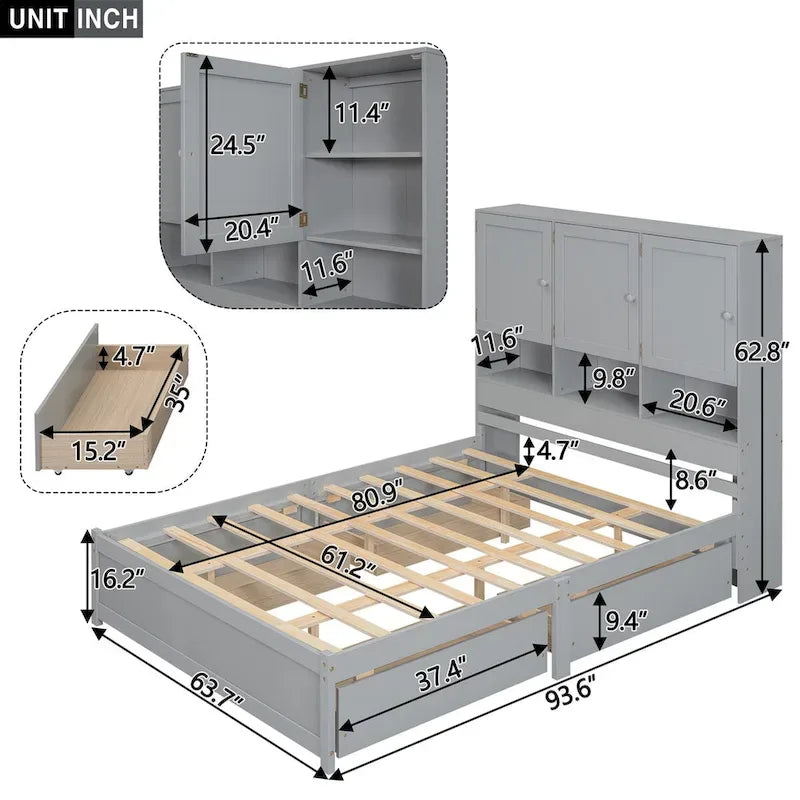 Lit plateforme Queen Size - Tête de lit avec rangement - 4 tiroirs - Bois massif et MDF - Sommier non requis