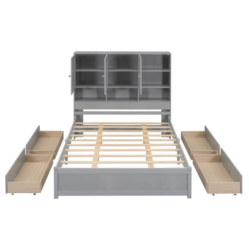 Lit plateforme Queen Size - Tête de lit avec rangement - 4 tiroirs - Bois massif et MDF - Sommier non requis