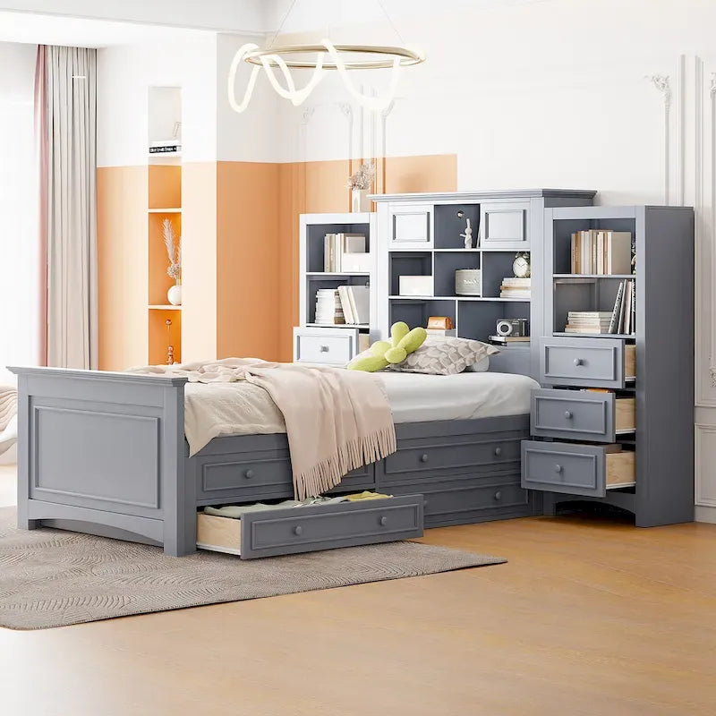 Twin Size Wood Platform Bed Frame with Vertical All-in-One Cabinet and 4 Drawers on each side