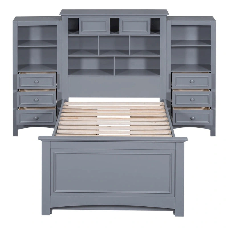 Lit plateforme en bois pour lit simple - Armoire verticale tout-en-un - 4 tiroirs de chaque côté - 12 compartiments de rangement