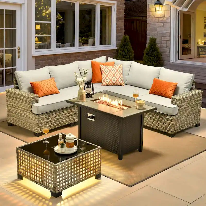 Ensemble de salon de jardin 7 pièces en résine tressée avec foyer extérieur - Table basse solaire à DEL - Résistant aux UV - Coussins d'assise profonds
