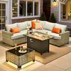 Ensemble de salon de jardin 7 pièces en résine tressée avec foyer extérieur - Table basse solaire à DEL - Résistant aux UV - Coussins d'assise profonds