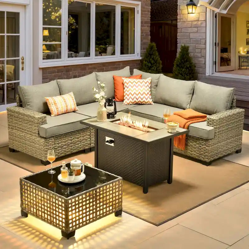 Ensemble de salon de jardin 7 pièces en résine tressée avec foyer extérieur - Table basse solaire à DEL - Résistant aux UV - Coussins d'assise profonds