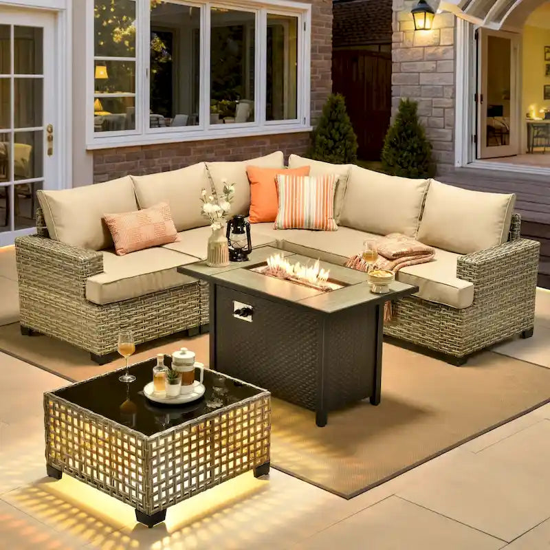 XIZZI 7 Pieces Patio Furniture Wicker Sectional Sofa Set with Fire Pit Table