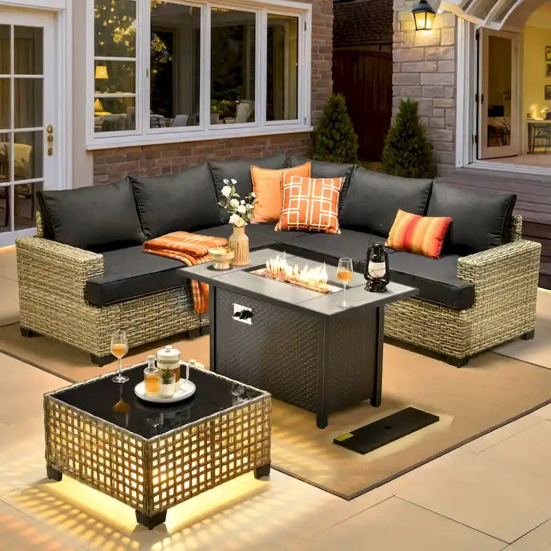 Ensemble de salon de jardin 7 pièces en résine tressée avec foyer extérieur - Table basse solaire à DEL - Résistant aux UV - Coussins d'assise profonds