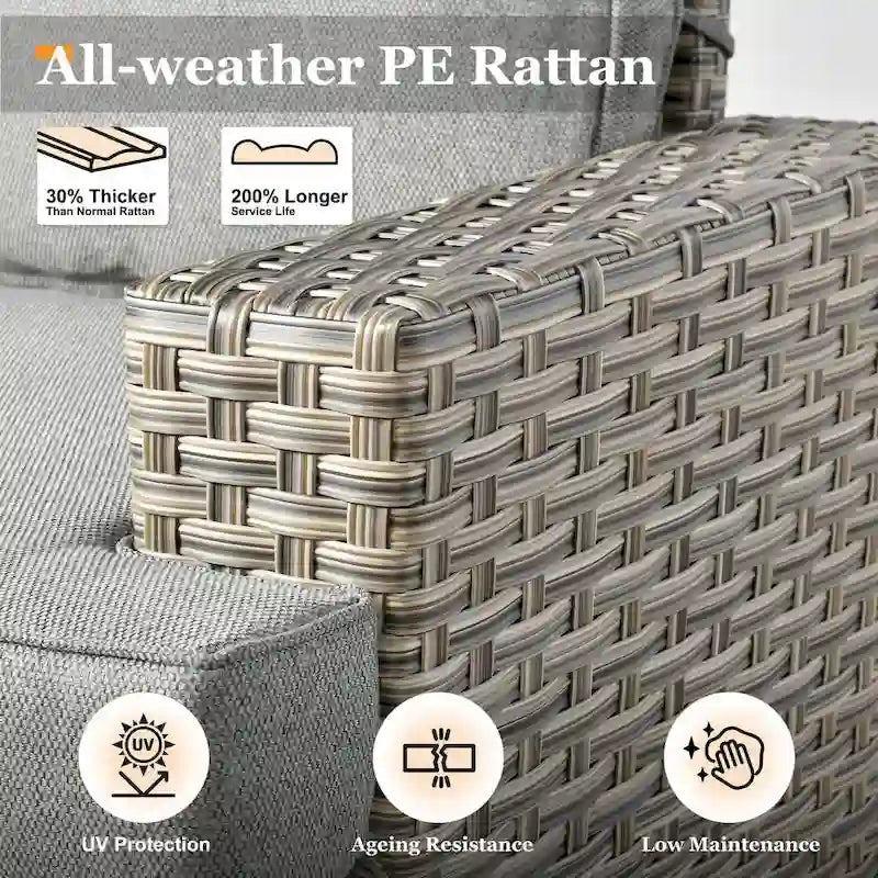 Ensemble de salon de jardin 7 pièces en résine tressée avec foyer extérieur - Table basse solaire à DEL - Résistant aux UV - Coussins d'assise profonds