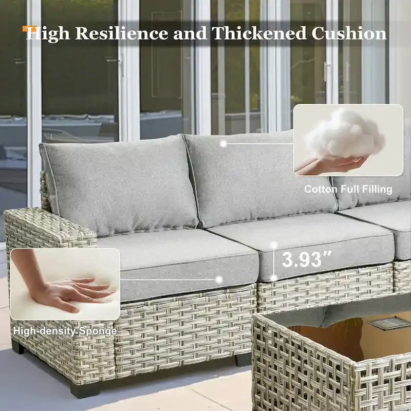 Ensemble de salon de jardin 7 pièces en résine tressée avec foyer extérieur - Table basse solaire à DEL - Résistant aux UV - Coussins d'assise profonds