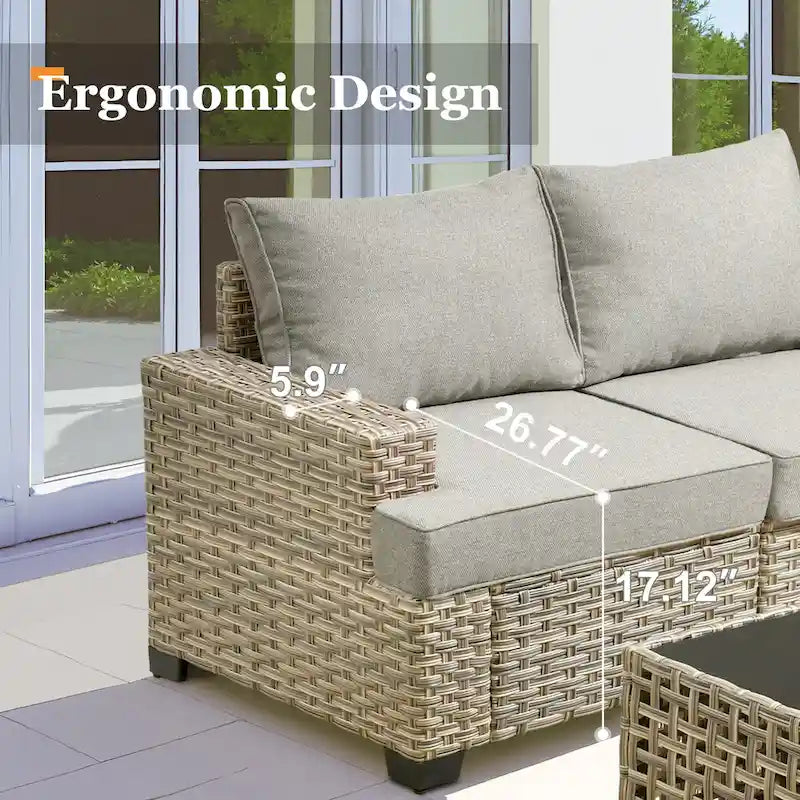 Ensemble de salon de jardin 7 pièces en résine tressée avec foyer extérieur - Table basse solaire à DEL - Résistant aux UV - Coussins d'assise profonds