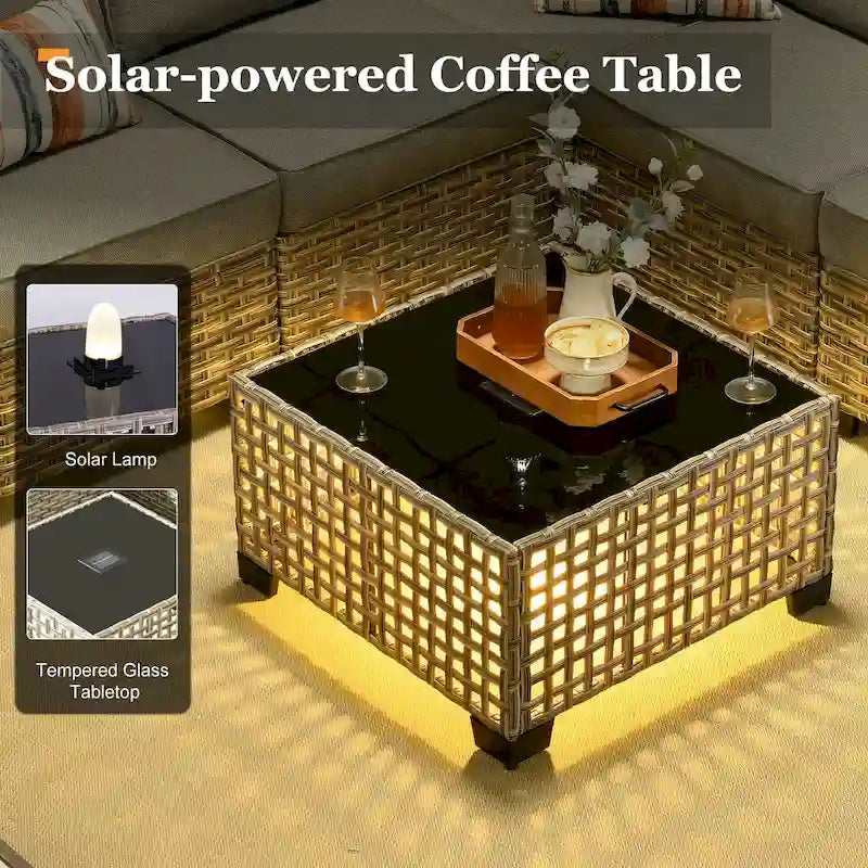 Ensemble de salon de jardin 7 pièces en résine tressée avec foyer extérieur - Table basse solaire à DEL - Résistant aux UV - Coussins d'assise profonds