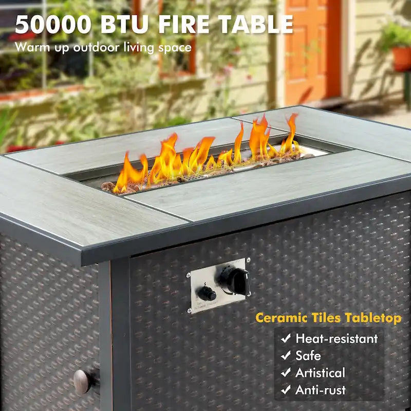 Ensemble de salon de jardin 7 pièces en résine tressée avec foyer extérieur - Table basse solaire à DEL - Résistant aux UV - Coussins d'assise profonds