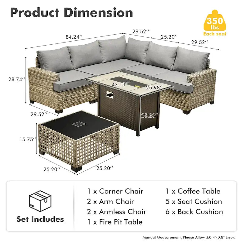 Ensemble de salon de jardin 7 pièces en résine tressée avec foyer extérieur - Table basse solaire à DEL - Résistant aux UV - Coussins d'assise profonds