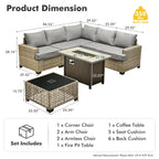 Ensemble de salon de jardin 7 pièces en résine tressée avec foyer extérieur - Table basse solaire à DEL - Résistant aux UV - Coussins d'assise profonds