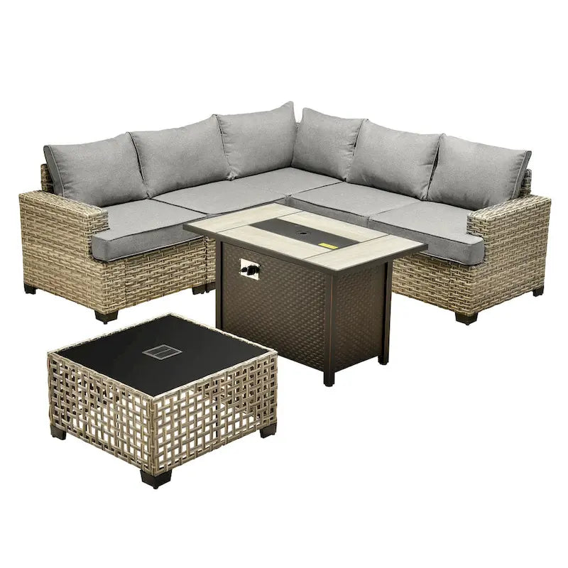 Ensemble de salon de jardin 7 pièces en résine tressée avec foyer extérieur - Table basse solaire à DEL - Résistant aux UV - Coussins d'assise profonds