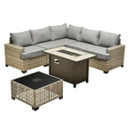 Ensemble de salon de jardin 7 pièces en résine tressée avec foyer extérieur - Table basse solaire à DEL - Résistant aux UV - Coussins d'assise profonds