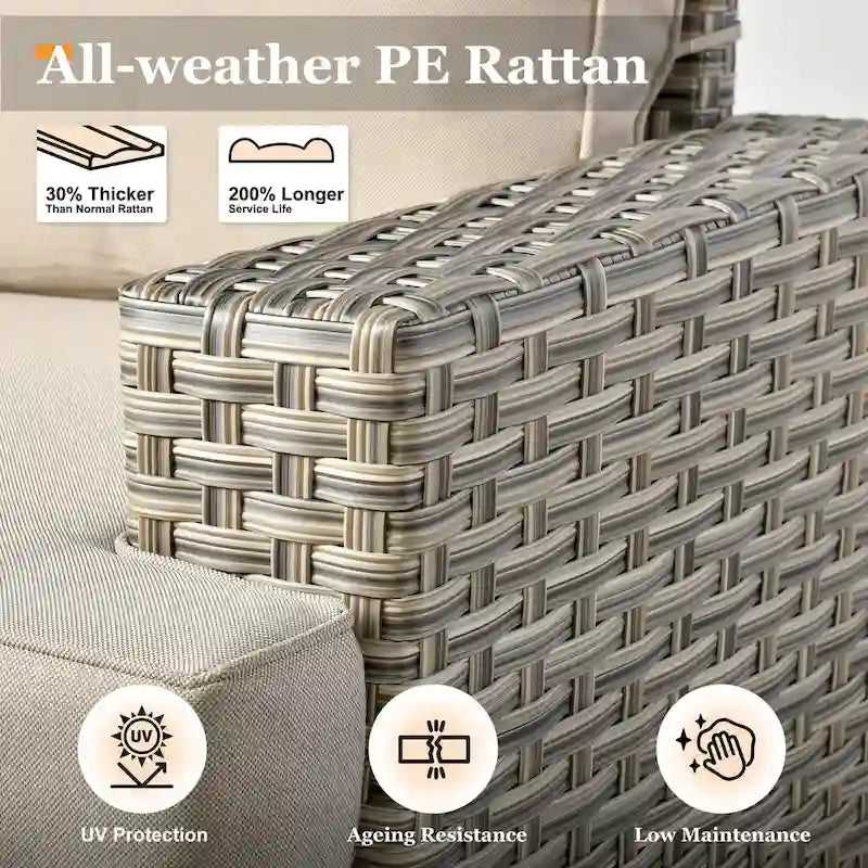 Ensemble de salon de jardin 7 pièces en résine tressée avec foyer extérieur - Table basse solaire à DEL - Résistant aux UV - Coussins d'assise profonds