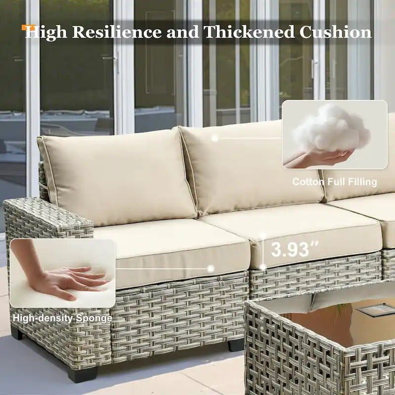 Ensemble de salon de jardin 7 pièces en résine tressée avec foyer extérieur - Table basse solaire à DEL - Résistant aux UV - Coussins d'assise profonds