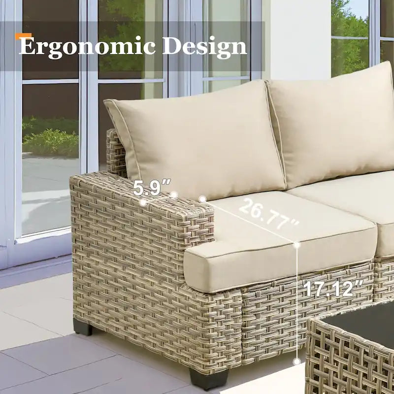 Ensemble de salon de jardin 7 pièces en résine tressée avec foyer extérieur - Table basse solaire à DEL - Résistant aux UV - Coussins d'assise profonds