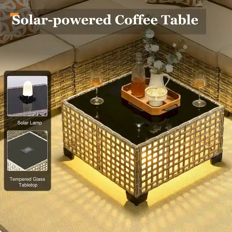 Ensemble de salon de jardin 7 pièces en résine tressée avec foyer extérieur - Table basse solaire à DEL - Résistant aux UV - Coussins d'assise profonds