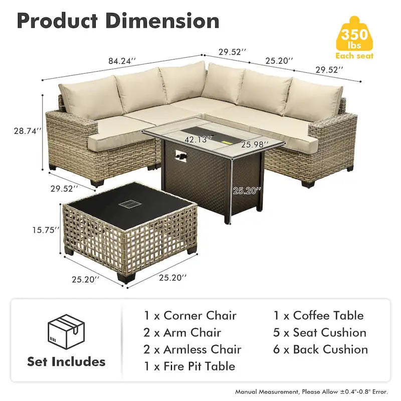 Ensemble de salon de jardin 7 pièces en résine tressée avec foyer extérieur - Table basse solaire à DEL - Résistant aux UV - Coussins d'assise profonds