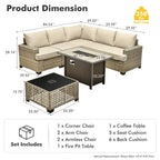 Ensemble de salon de jardin 7 pièces en résine tressée avec foyer extérieur - Table basse solaire à DEL - Résistant aux UV - Coussins d'assise profonds