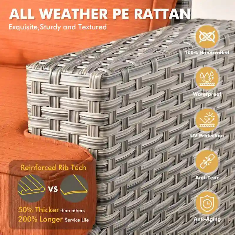 Ensemble de salon de jardin 7 pièces en résine tressée avec foyer extérieur - Table basse solaire à DEL - Résistant aux UV - Coussins d'assise profonds