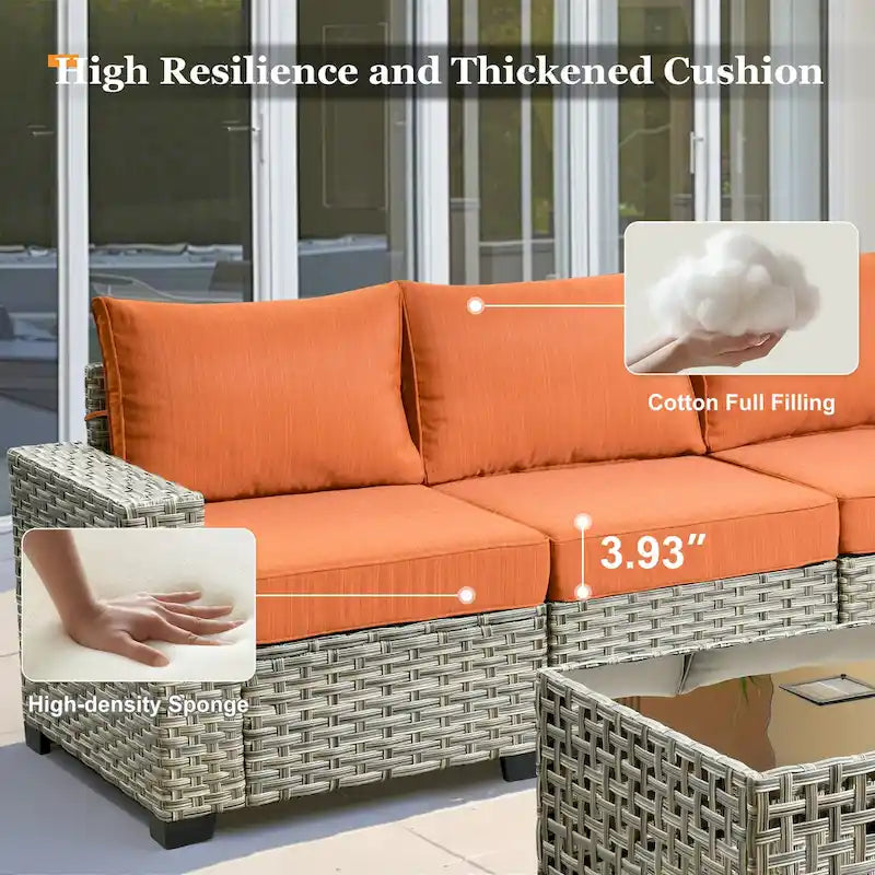 Ensemble de salon de jardin 7 pièces en résine tressée avec foyer extérieur - Table basse solaire à DEL - Résistant aux UV - Coussins d'assise profonds