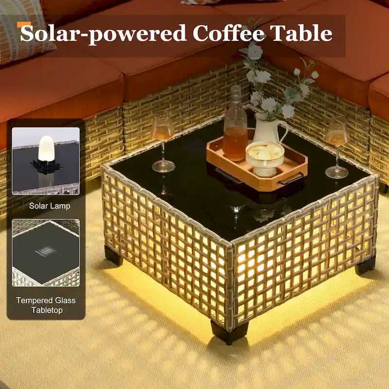 Ensemble de salon de jardin 7 pièces en résine tressée avec foyer extérieur - Table basse solaire à DEL - Résistant aux UV - Coussins d'assise profonds