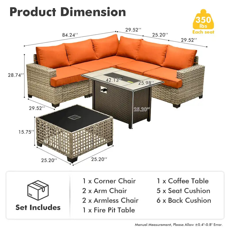 Ensemble de salon de jardin 7 pièces en résine tressée avec foyer extérieur - Table basse solaire à DEL - Résistant aux UV - Coussins d'assise profonds