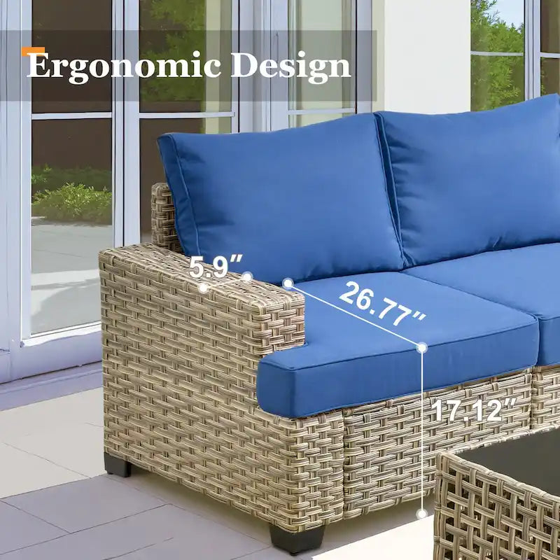 Ensemble de salon de jardin 7 pièces en résine tressée avec foyer extérieur - Table basse solaire à DEL - Résistant aux UV - Coussins d'assise profonds