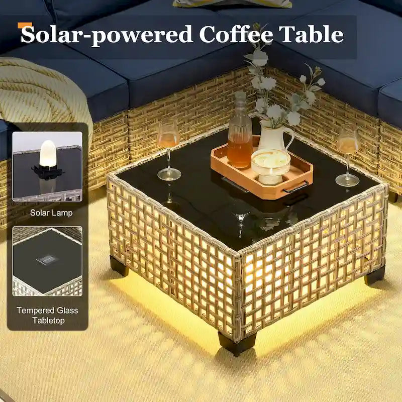 Ensemble de salon de jardin 7 pièces en résine tressée avec foyer extérieur - Table basse solaire à DEL - Résistant aux UV - Coussins d'assise profonds