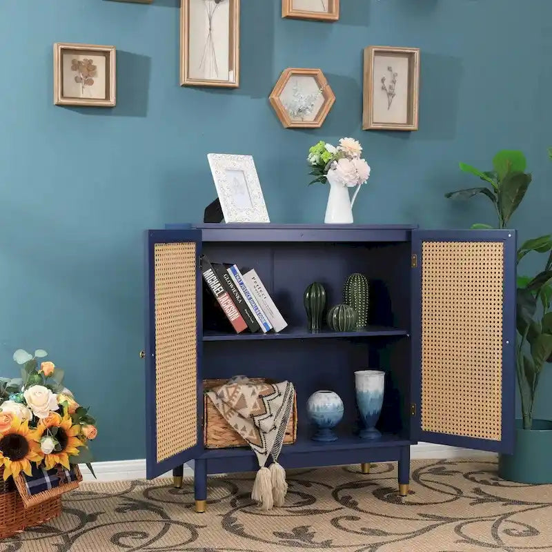 Armoire de rangement bleue - Portes en rotin - Étagères réglables - Options 1/2/3 portes - Bois d'ingénierie et MDF