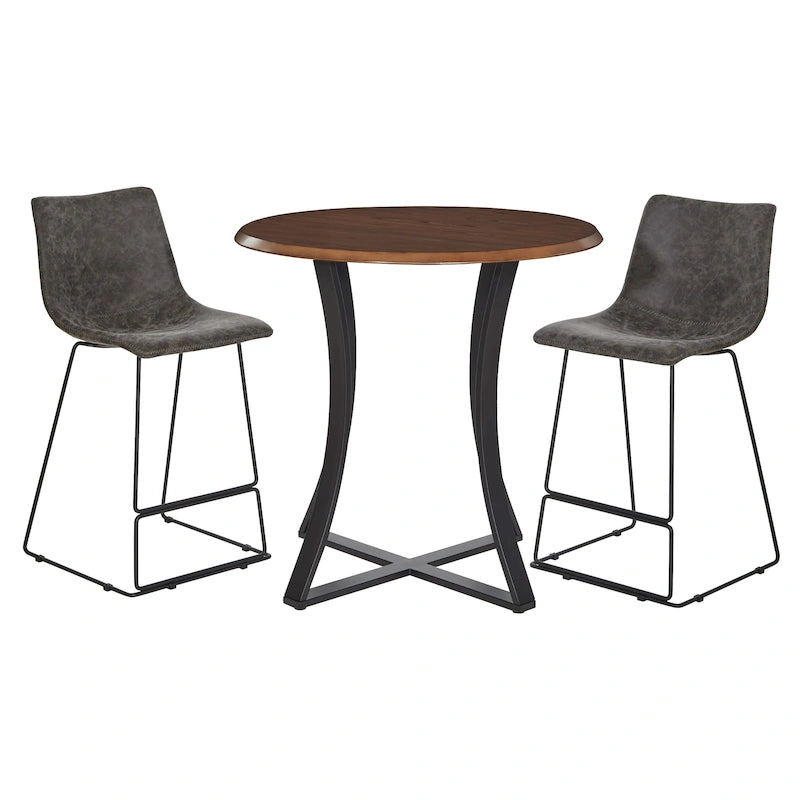 Ensemble de salle à manger 3 pièces avec table haute - Table ronde de 91 cm - 2 tabourets en similicuir - Style moderne du milieu du siècle - Noir mat