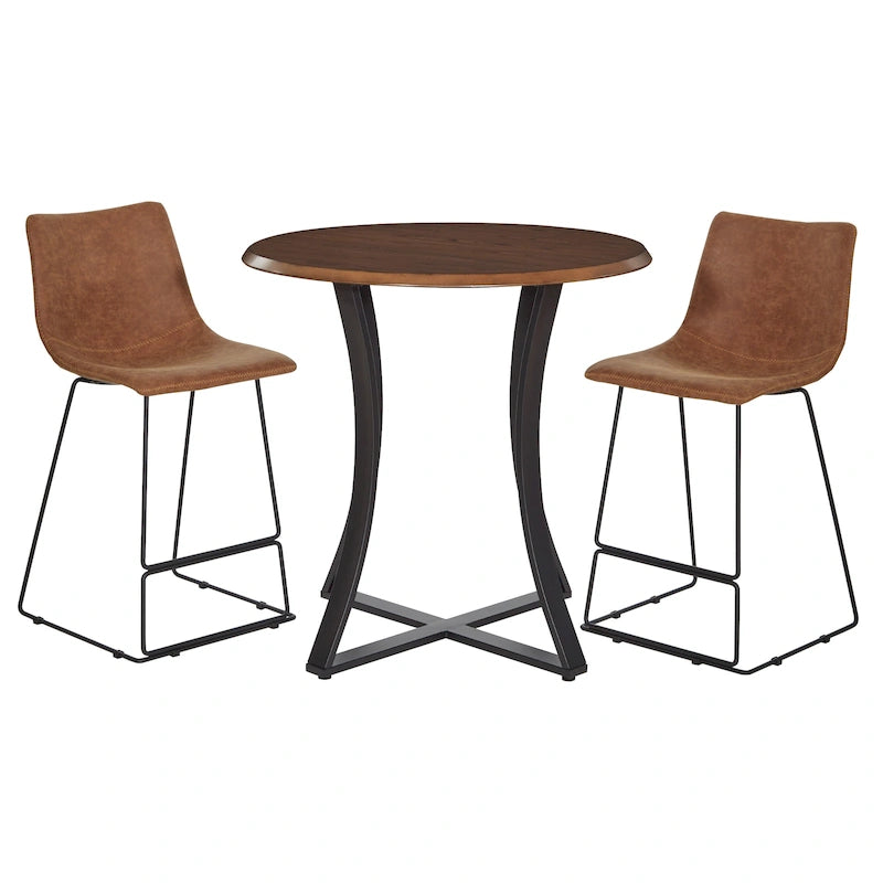 Ensemble de salle à manger 3 pièces avec table haute - Table ronde de 91 cm - 2 tabourets en similicuir - Style moderne du milieu du siècle - Noir mat