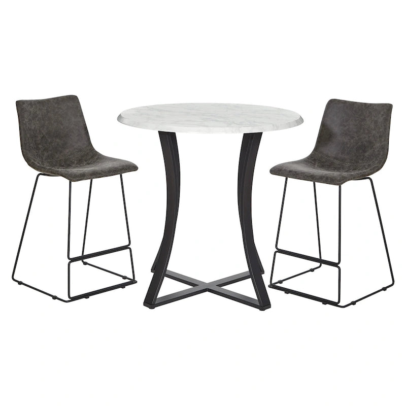 Ensemble de salle à manger 3 pièces avec table haute - Table ronde de 91 cm - 2 tabourets en similicuir - Style moderne du milieu du siècle - Noir mat