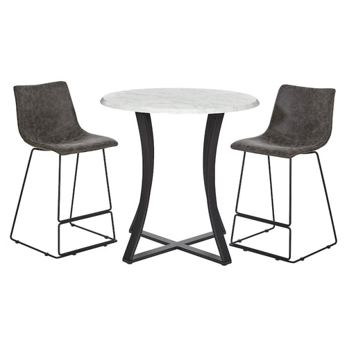 Ensemble de salle à manger 3 pièces avec table haute - Table ronde de 91 cm - 2 tabourets en similicuir - Style moderne du milieu du siècle - Noir mat