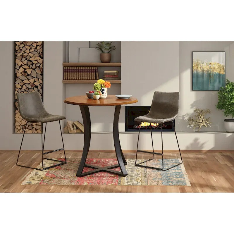 Ensemble de salle à manger 3 pièces avec table haute - Table ronde de 91 cm - 2 tabourets en similicuir - Style moderne du milieu du siècle - Noir mat